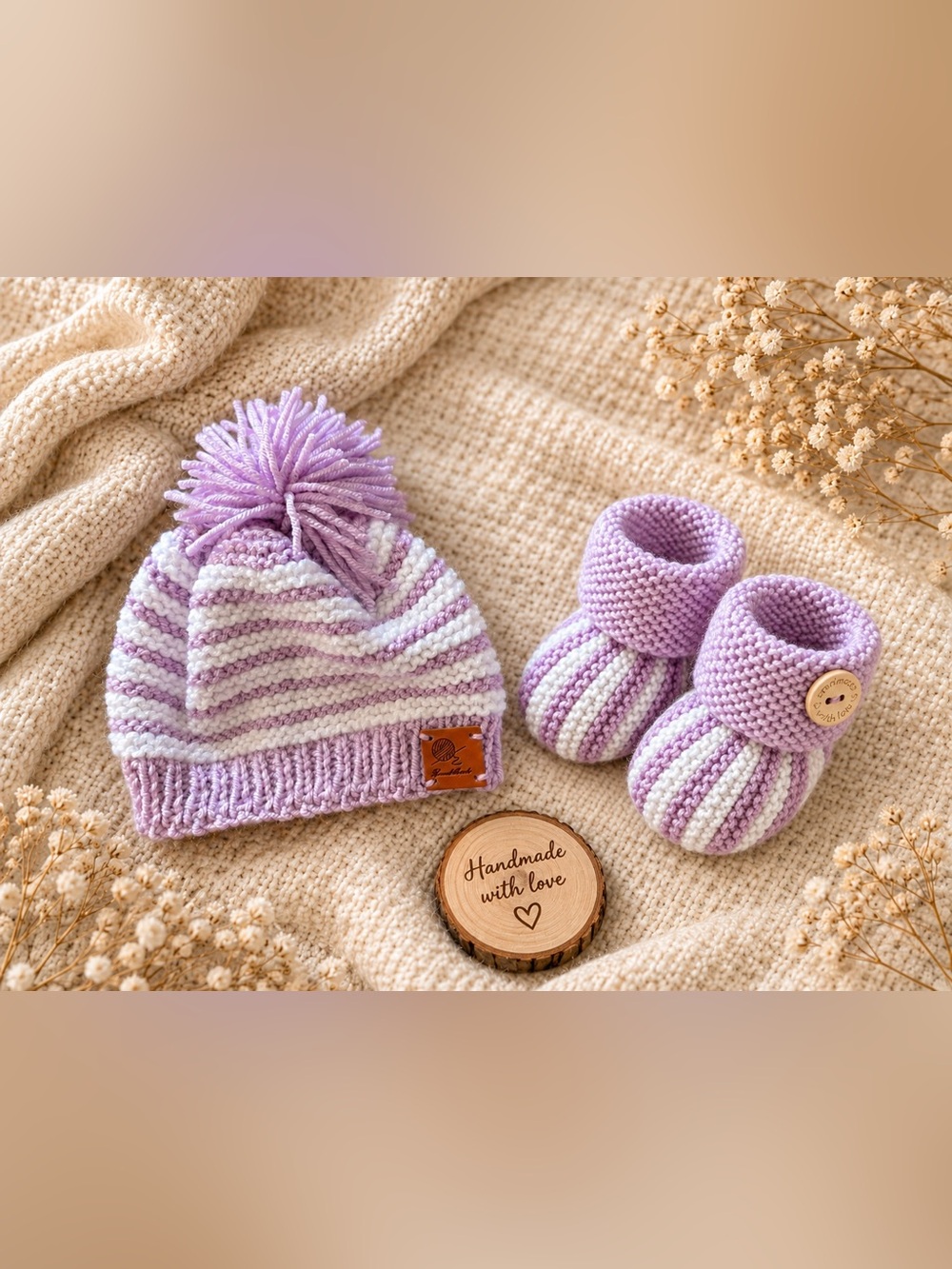 Handmade Lavender & White Striped Baby Beanie with Matching Booties